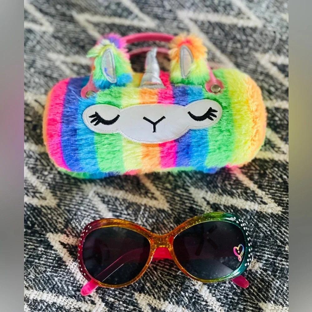 Free w/purchase Kids Llama Unicorn Rainbow Faux Fur Sunglasses Case & sunglasses